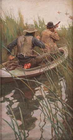 Philip R. Goodwin (1881-1935) "Duck Hunters" 28" x 14.75" oil on canvas, laid on board SOLD 2018 March in Montana