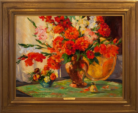 "Scarlet Zinnias & Gladiolus" - Image 1 of 2
