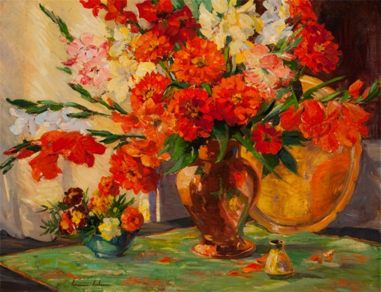"Scarlet Zinnias & Gladiolus" - Image 2 of 2