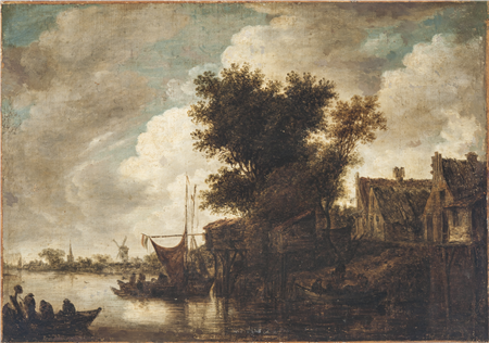 “River Scene with Three Boats and Houses” - Image 1 of 4
