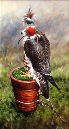 Andrew Ellis b. 1973 "Hooded Peregrine on Block"  Original Acrylic 20" X 11.25"