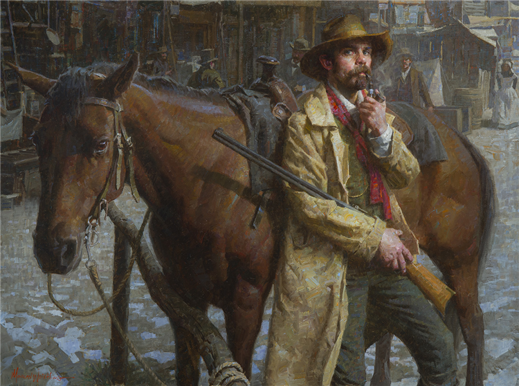 Morgan Weistling
The Edge of the Law, Dodge City, 1878
oil on linen
21h x 28w in
53.34h x 71.12w cm