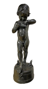 Large Cast Patinated Bronze Fountain of a Nude Boy with Pan Flute, Frog Baby - Image 1 of 2