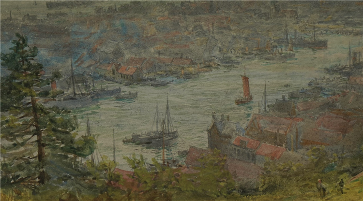 Bergen, Norway -  Ships in The Harbor - Houses & Figures - circa 1906 - Image 3 of 4