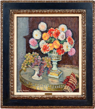 Bouquet of Dahlias & Grapes in a Compote - Image 1 of 4