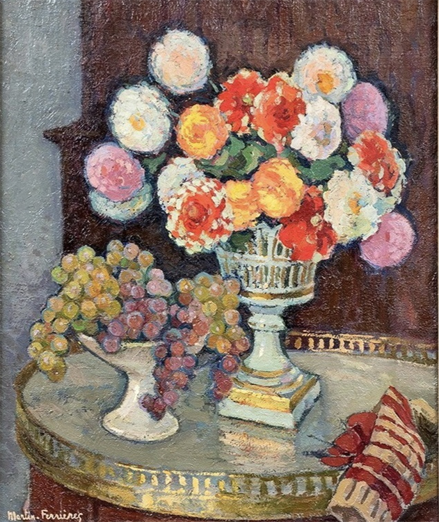 Bouquet of Dahlias & Grapes in a Compote - Image 2 of 4