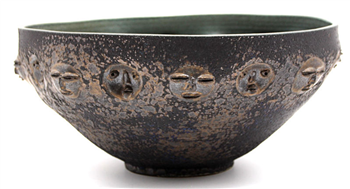 Volvanic Glazed Bowl with Face in Relief - Image 1 of 4