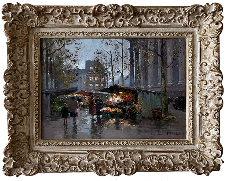 "Marche aux Fleurs de la Madeleine", was painted by Edouard Leon Cortes, circa 1950-1960. The painting is signed lower right, 'Edouard Cortes'. Arnot inventory #3496. Virtual Catalogue raisonne #EC00447. Original unrestored condition and housed in a period French style frame.