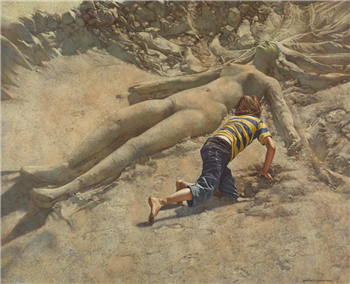 "Discovery on the Beach" Magical Realism Nude Woman Sand Sculpture & Boy - Image 1 of 4