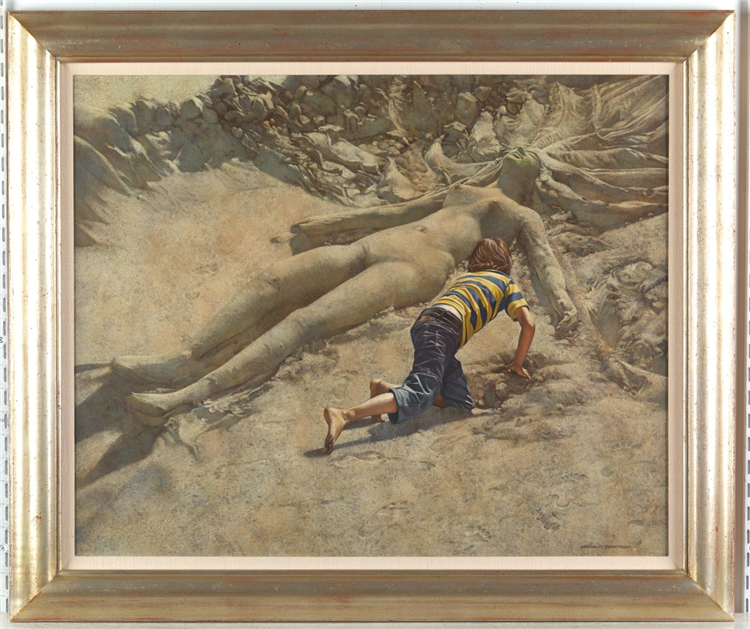 "Discovery on the Beach" Magical Realism Nude Woman Sand Sculpture & Boy - Image 2 of 4