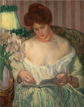 Femme lisant à coté d'une lampe (Woman reading by a lamp)