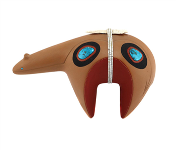 San Ildefonso Redware Incised Bear with Turquoise and Heishi Inlay