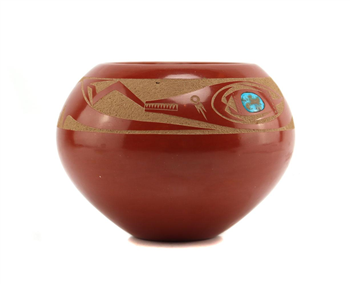 San Ildefonso Buff and Redware Jar with Avanyu Design and Turquoise Inclusion