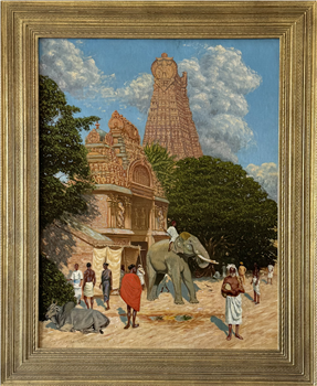 Meenakshi Temple Hindu Preist & Sacred Elephant Madurai Tamil India 1913 o/c - Image 1 of 4