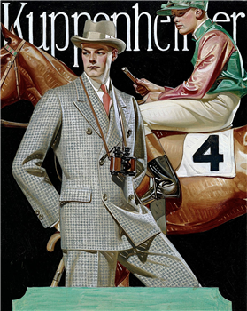 Kuppenheimer Advertisement - Jockey on Racehorse with Well-Dressed Gentleman