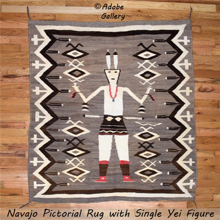 Item # C4730.33  Price: $6500
The Sacred Yei: A Glimpse into Navajo Textile Artistry
https://www.adobegallery.com/art/navajo-nation-pictorial-rug-yei-figure-textile
Remarkable artistry, with figure as central motif, the Yei, revered as the Holy People by the Diné of the Navajo Nation, hold a significant place in their cultural and spiritual practices.