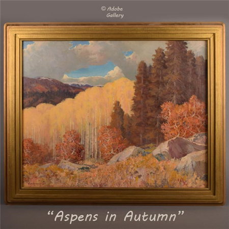 Item # C4767A  Price: $7500
"Aspens in Autumn" is an exquisite painting by Carl Von Hassler, a German artist who relocated to New Mexico in the 1920s. 
https://www.adobegallery.com/art/oil-painting-aspens-in-autumn-carl-von-hassler
With a keen eye for the landscapes and architecture of New Mexico, Von Hassler masterfully brought them to life on canvas.  The painting captures a specific location of Truchas Peak, Sangre de Cristo Range, N.M.
