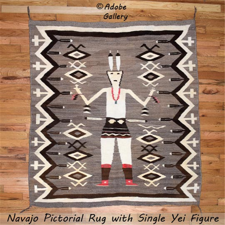 Item # C4730.33  Price: $6500
The Sacred Yei: A Glimpse into Navajo Textile Artistry
https://www.adobegallery.com/art/navajo-nation-pictorial-rug-yei-figure-textile
Remarkable artistry, with figure as central motif, the Yei, revered as the Holy People by the Diné of the Navajo Nation, hold a significant place in their cultural and spiritual practices.
