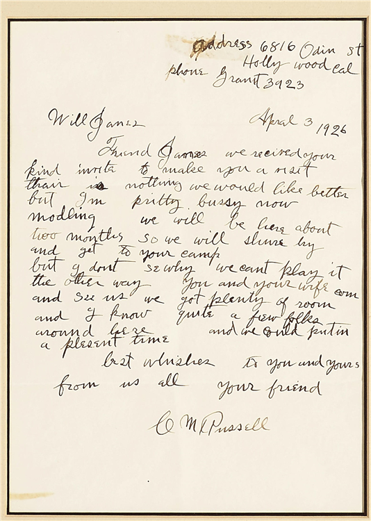 Letter from C M Russell to Will James - Image 2 of 2