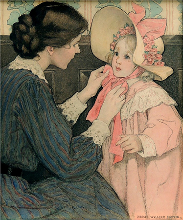Jessie Willcox Smith (1863-1935)
"The Pink Bonnet," llustration for the poem "Hats" in The Bed-Time Book by Helen Hay Whitney, published by Duffield & Company, 1907, page 31. Subsequently published in the Woman's Home Companion, November 1914