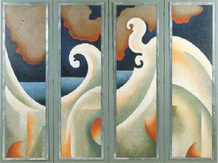 Thomas Hart Benton  (American, 1889-1975)
Elements of Sea and Sky (ca. 1925-26)
Oil on canvas laid down on masonite, with aluminum frame inset in wood panels
67 x 79 1/8 inches (each panel 67 x 20 inches)