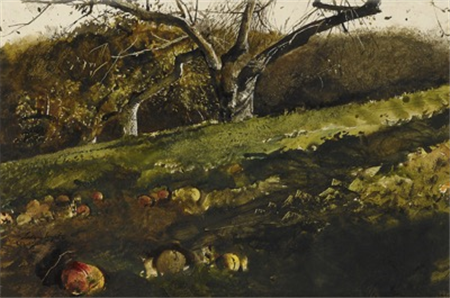 Andrew Wyeth (1917-2009)
Apple Orchard, 1963
Watercolor and oil on paper
11 ½ x 17 ¼ inches