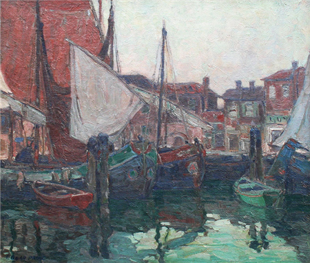 Edgar Payne (1883 - 1947) "Italian Cargo Boats at Rest"
