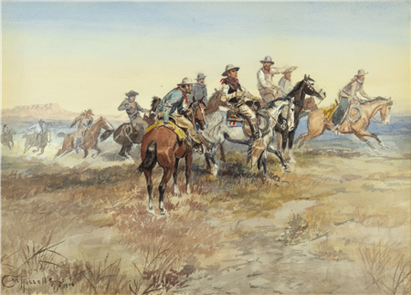 Charles M. Russell (1864-1926), Start Of The Roundup, 1898, watercolor on paper, 
14 1/2 X 20 1/2", SOLD:  $720,000