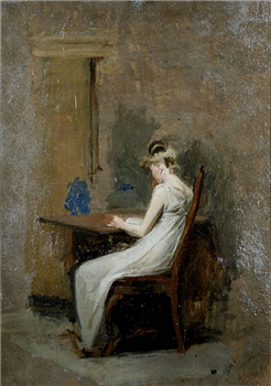 Woman Reading or Girl in White Dress Sitting at Desk - Image 1 of 4