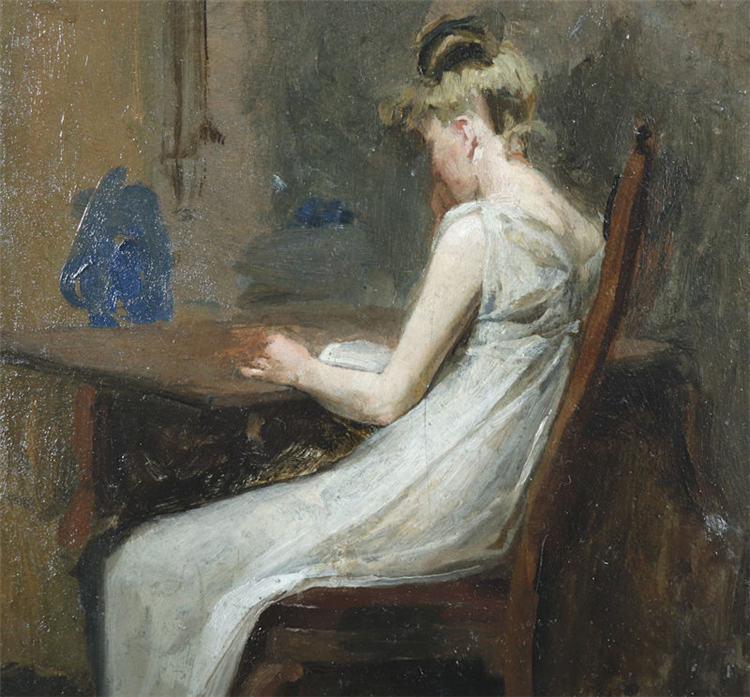 Woman Reading or Girl in White Dress Sitting at Desk - Image 2 of 4