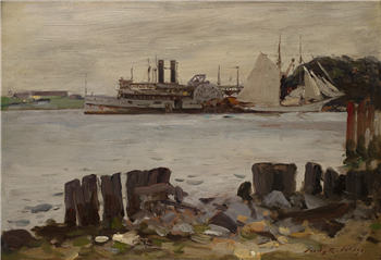 Paddle Wheeler and Schooner on the River, 1916