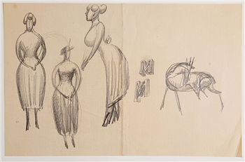 Drawing with 3 figures, a deer, 2 letter "M"s - Image 1 of 3