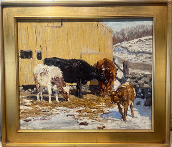 Winter Cattle by Barn in Snow