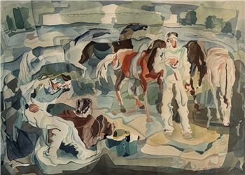 WILLIAM C GRAUER Untitled (Men & Horses) 1940s cubist WC - Image 1 of 4