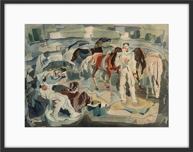 WILLIAM C GRAUER Untitled (Men & Horses) 1940s cubist WC - Image 2 of 4
