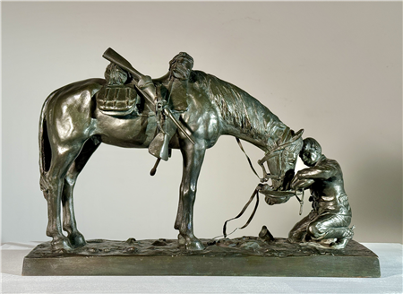 Charles Schreyvogel (American, 1861-1912)
The Last Drop, modeled 1903
Bronze, dark brown patina
11 ¾ H. x 18 ¼ W. x 4 ¾ D. inches