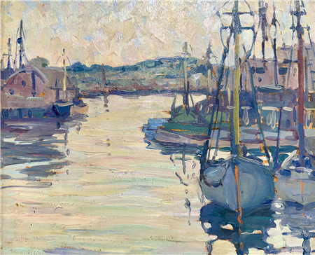 Jane Peterson (American, 1876 - 1965)
Evening Light, Gloucester Harbor, c. 1920s
Oil on masonite, 18 H. x 18 W. inches