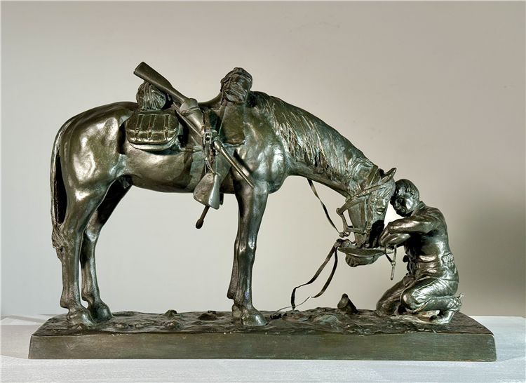 Charles Schreyvogel (American, 1861-1912)
The Last Drop, modeled 1903
Bronze, dark brown patina
11 ¾ H. x 18 ¼ W. x 4 ¾ D. inches