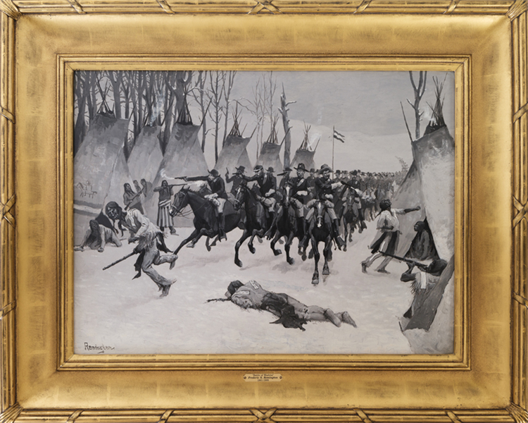 Original Oil Painting by Western Artist Frederic S. Remington of the Battle of Washita Showing George Armstrong Custer and the U.S. 7th Cavalry in Their Assault on Black Kettle's Village in November of 1868