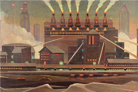 Lot 174. Olin Herman Travis (Am. 1888-1975) 
Entrance to Chicago - Evening, 1961
oil on masonite 23 3/4 x 35 3/4
signed lower right: Olin Travis, 1961
estimate: $25,000 - $50,000
