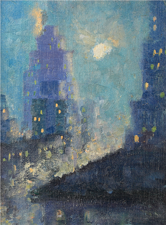 Lot 166. Jerry Bywaters (Am. 1906-1989) 
"West 57th, New York - Night, 1928"
oil on board 12 x 9 
titled and signed on verso: No. 78, West 57th, N. Y. - Night, 1928, by Gerald Bywaters
estimate: $1,500 - $3,000