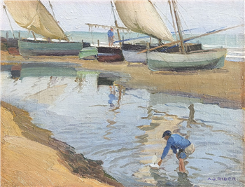 Boat Scene with Boy and Toy Boat (10 ¼ x 12 ?) - Image 1 of 2