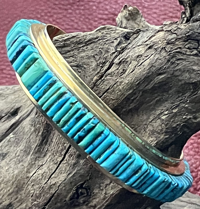 14K Yellow Gold Cuff with Radiant 63 Tab Turquoise Inlay - Image 1 of 4