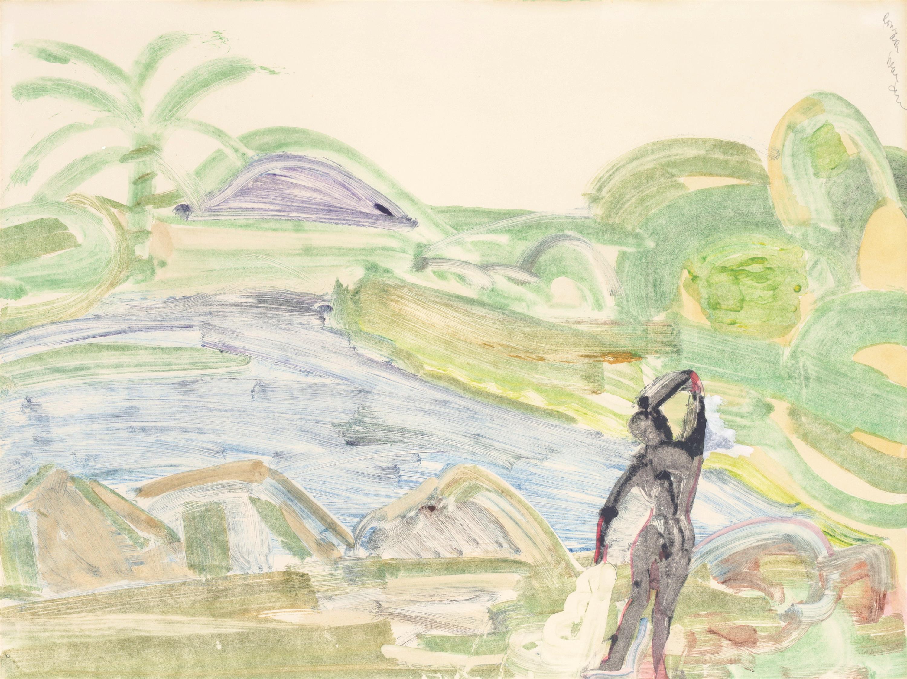 Romare Bearden UNITITLED (Figure in Landscape) Monotype - Image 1 of 4