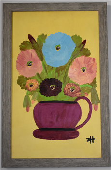 "Zinnias in a Purple Pitcher" - Image 1 of 2