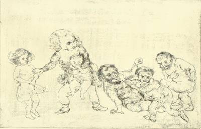 Sample artwork by Eugene Ludins (1904 - 1996), known for droll figure-genre, surreal view painting - View similar artists and auction records