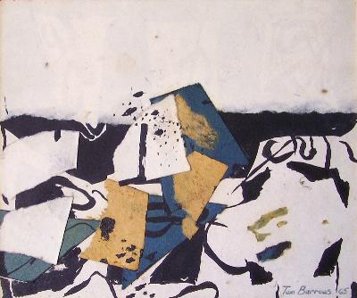 5" x  6" collage (paper and paint on plywood), signed and dated 65. Inscribed on verso.