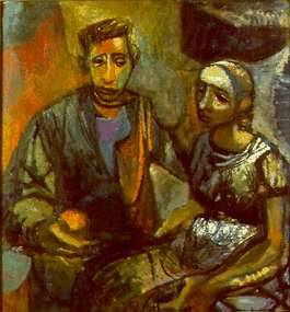 Sample artwork by Carolyn Gassan Plochmann (1926 - 2023), known for modernist figure, interior, still life, allegory easel and mural painting - View similar artists and auction records