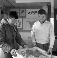 Portrait of Pauta Saila: Pauta and James Houston with stonecut (1961)
