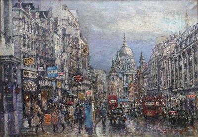 Sample artwork by Lis Bjergsted (1929 - 2011), known for tonal, realistic cityscape painting, architecture and atmospherics - View similar artists and auction records